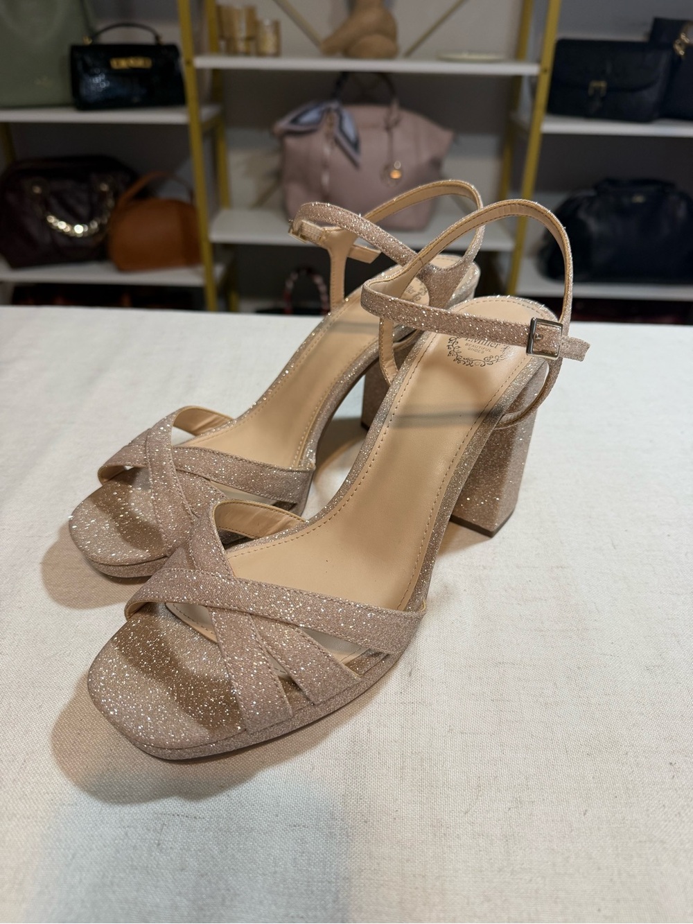I. Miller Women's Nude Glitter Block Heel Sandals - Champagne Sz 10